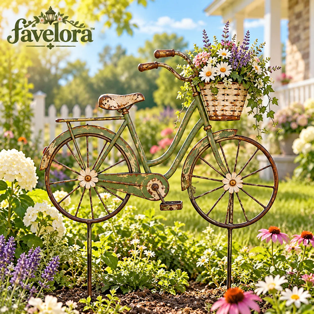 Vintage Bicycle Flower Basket Garden Stake — view 1
