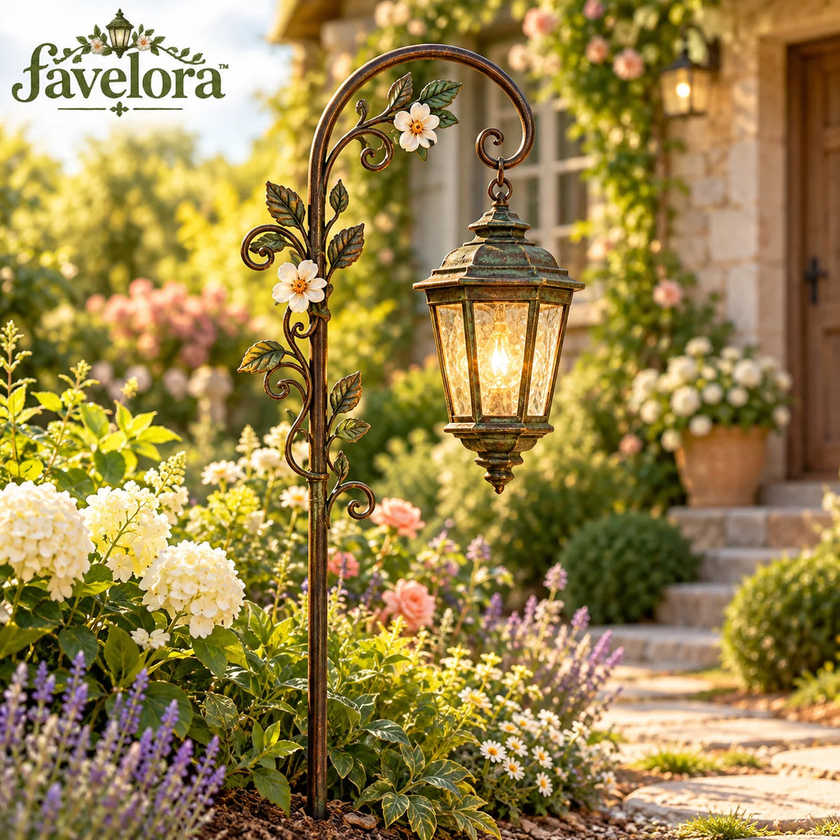 Vintage Floral Shepherd Hook Garden Lantern — view 1