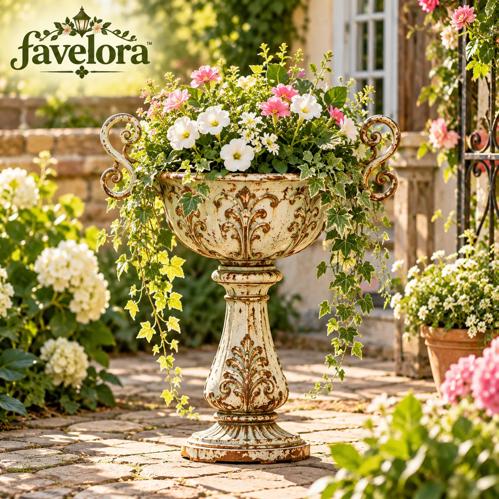 Vintage Pedestal Urn Planter with Scroll Handles — view 1