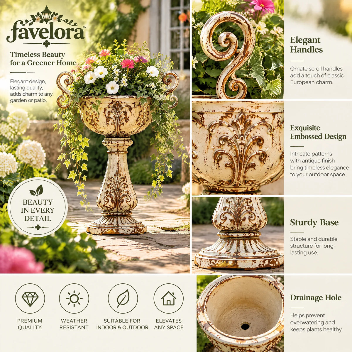 Vintage Pedestal Urn Planter with Scroll Handles — view 3