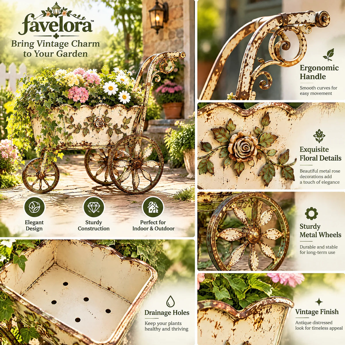 Rustic Floral Garden Cart Planter — view 3