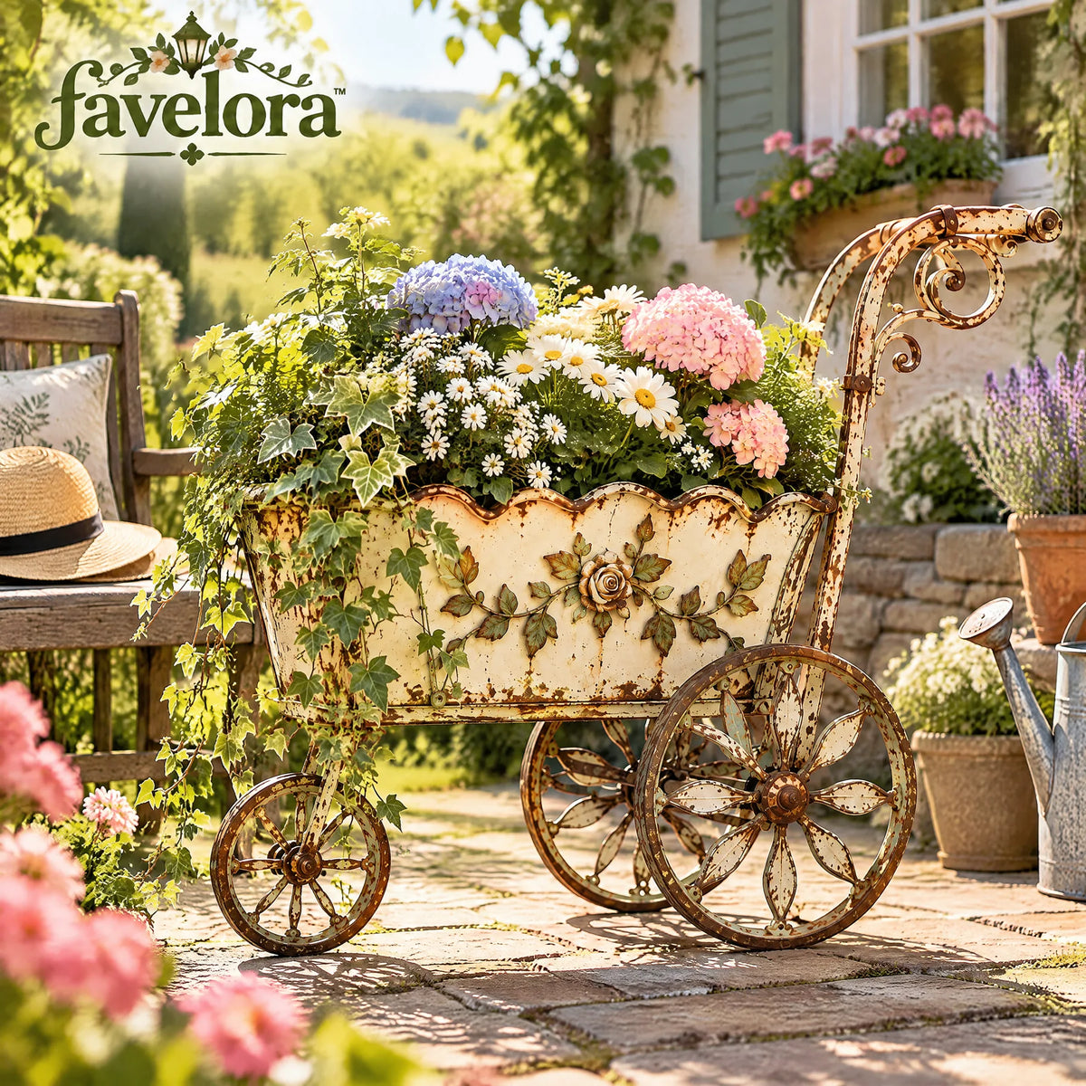 Rustic Floral Garden Cart Planter — view 5
