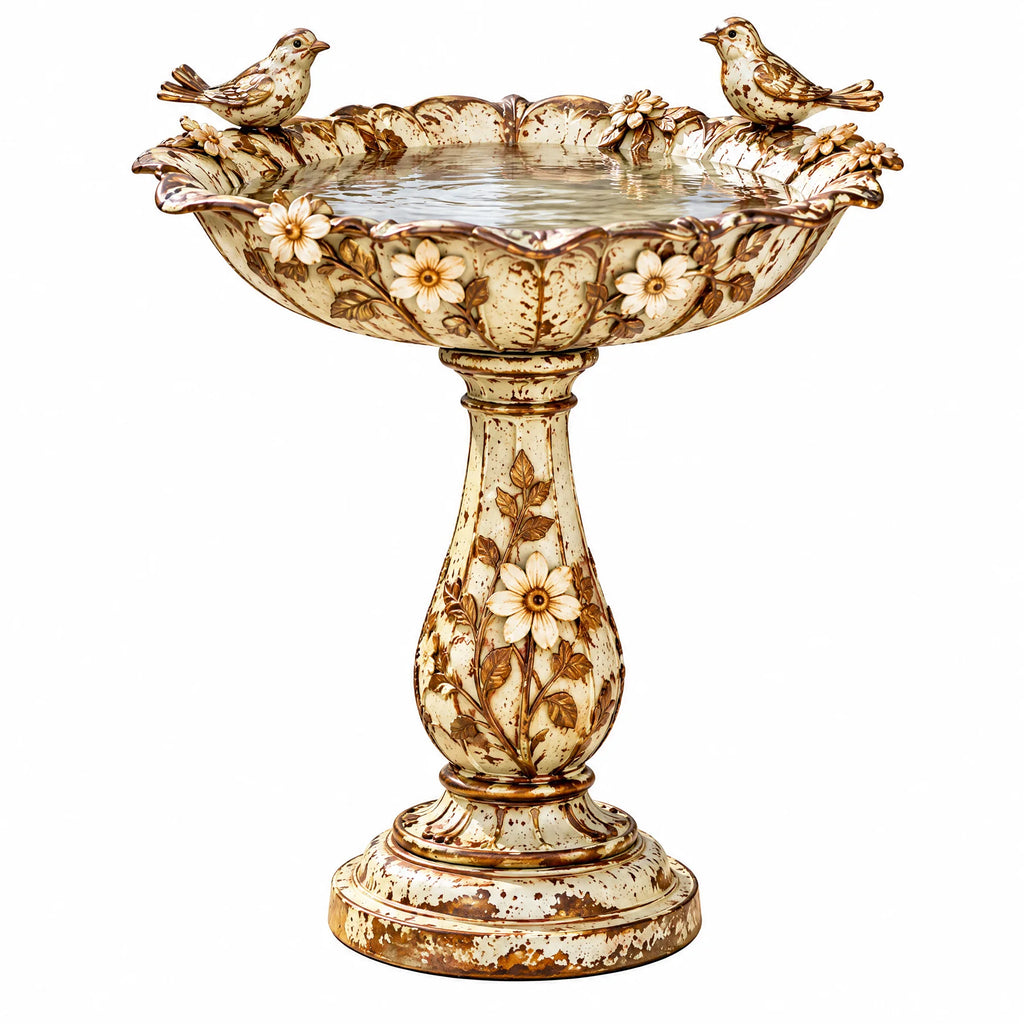 Vintage Floral Birdbath with Bird Accents — view 2