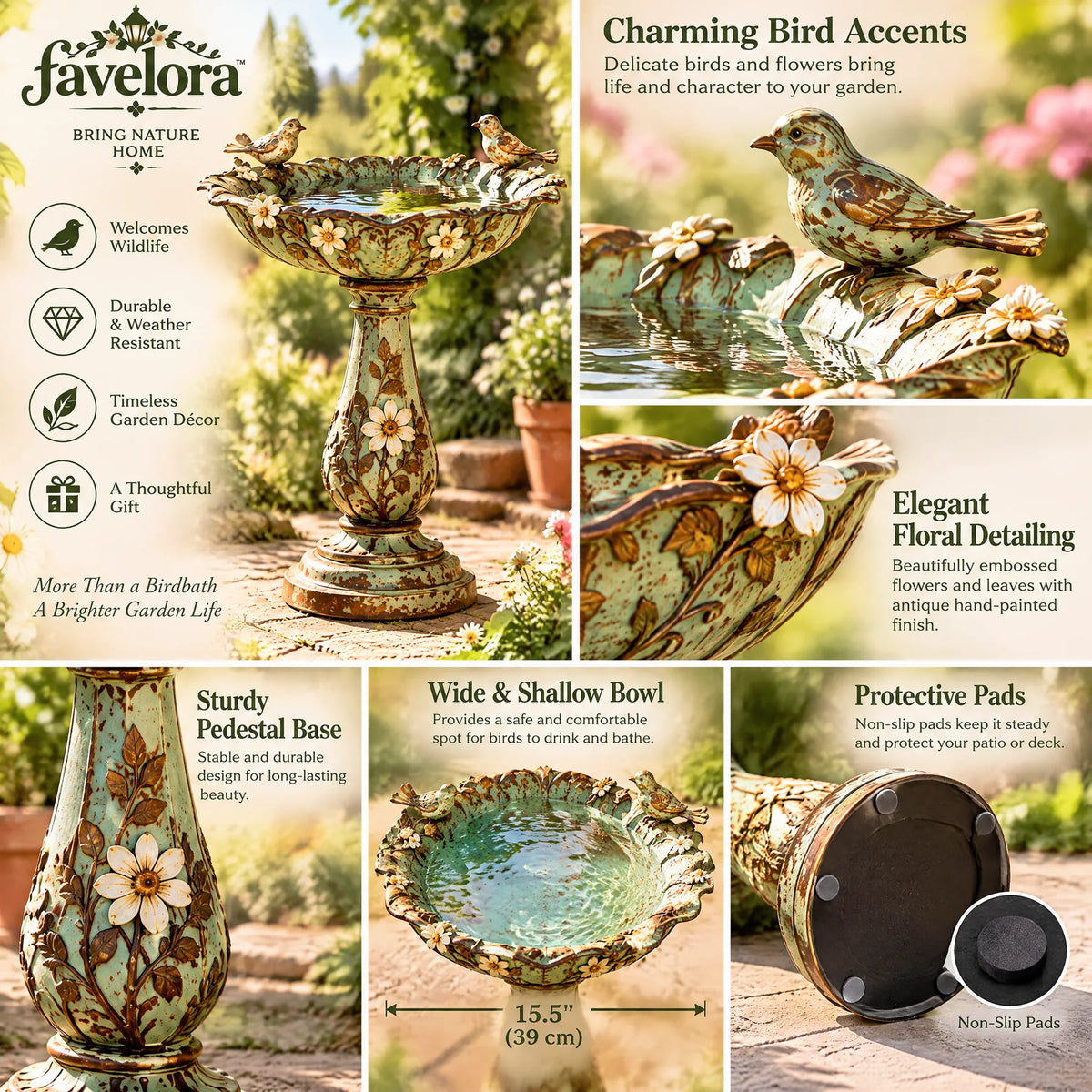 Vintage Floral Birdbath with Bird Accents — view 3
