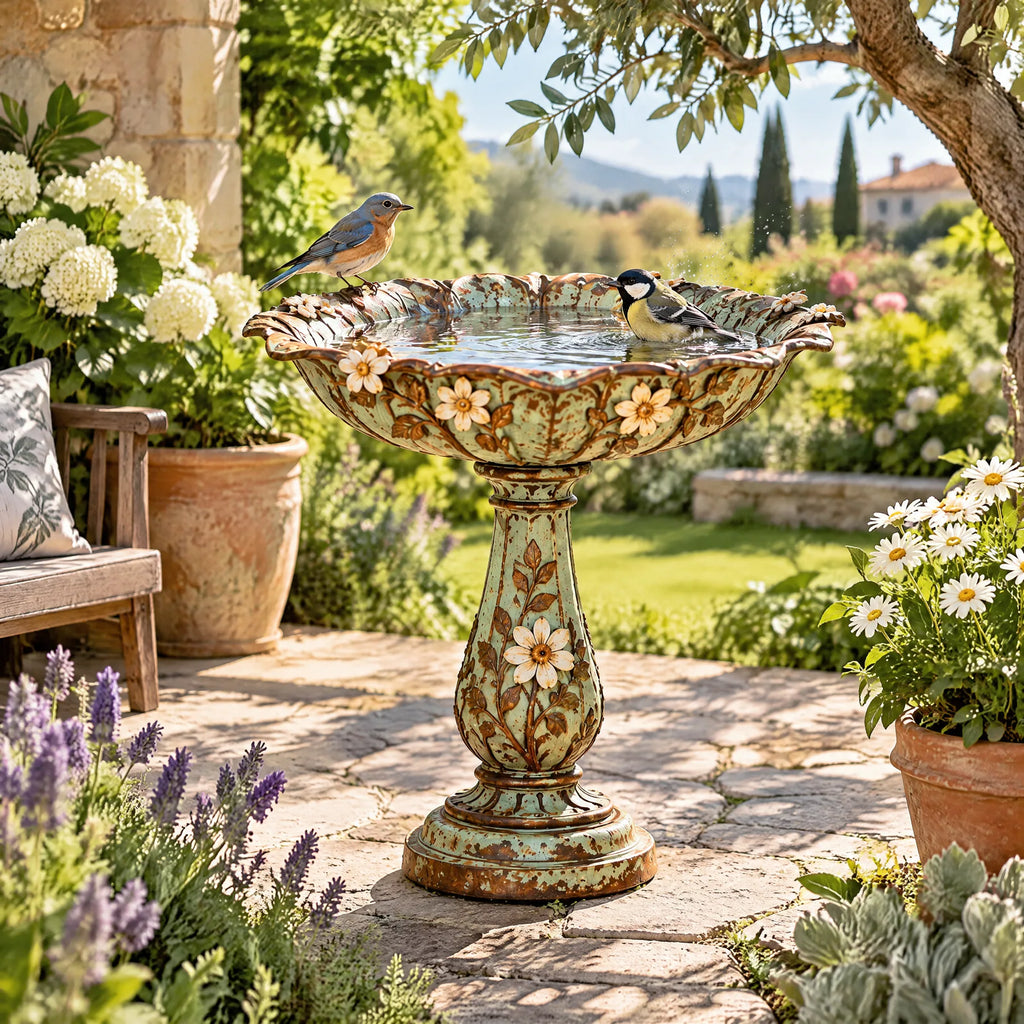 Vintage Floral Birdbath with Bird Accents — view 4