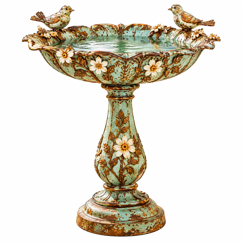 Vintage Floral Birdbath with Bird Accents — view 5